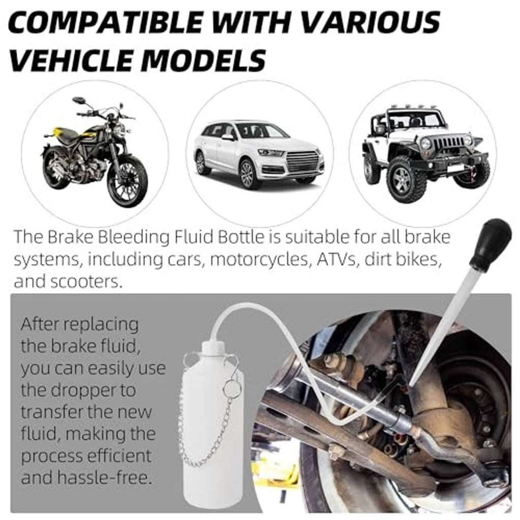 Brake bleeder fluid bottle with white container, chain loop, and long white dipper tube