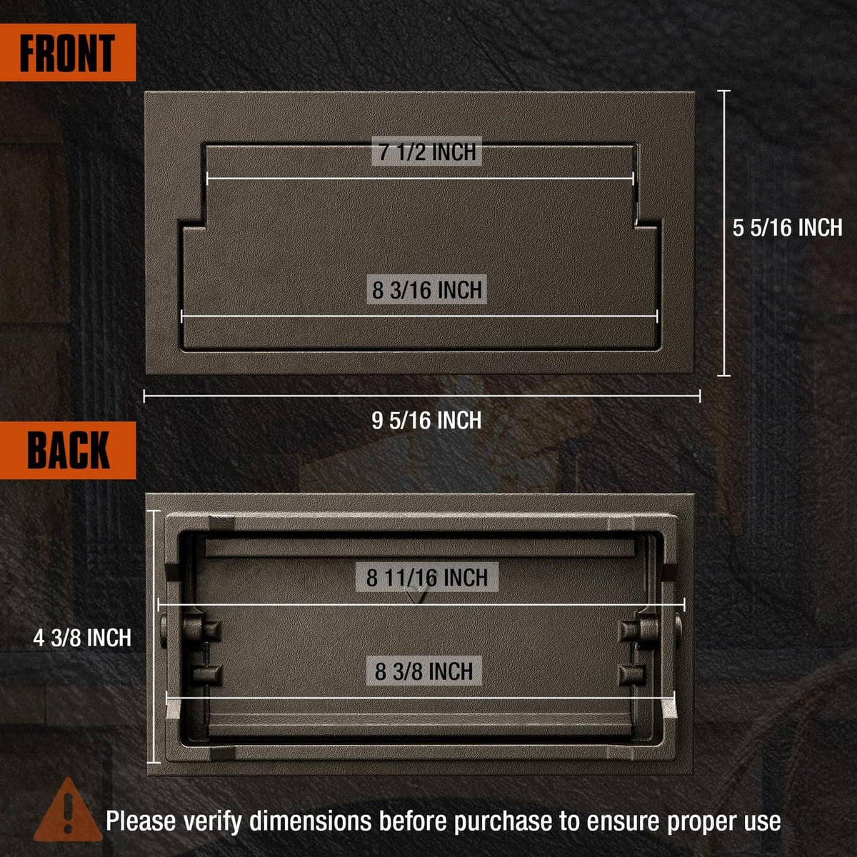 Blackish brown cast iron ash dump door with rectangular frame, front view