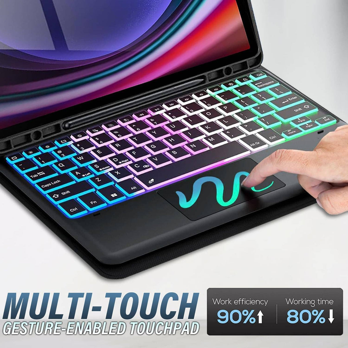 Close-up of colorful backlit keyboard and touchpad on black tablet case