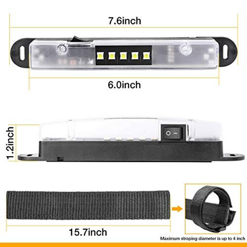 LED dome light bar with clear lens, end clips, and black mounting strap