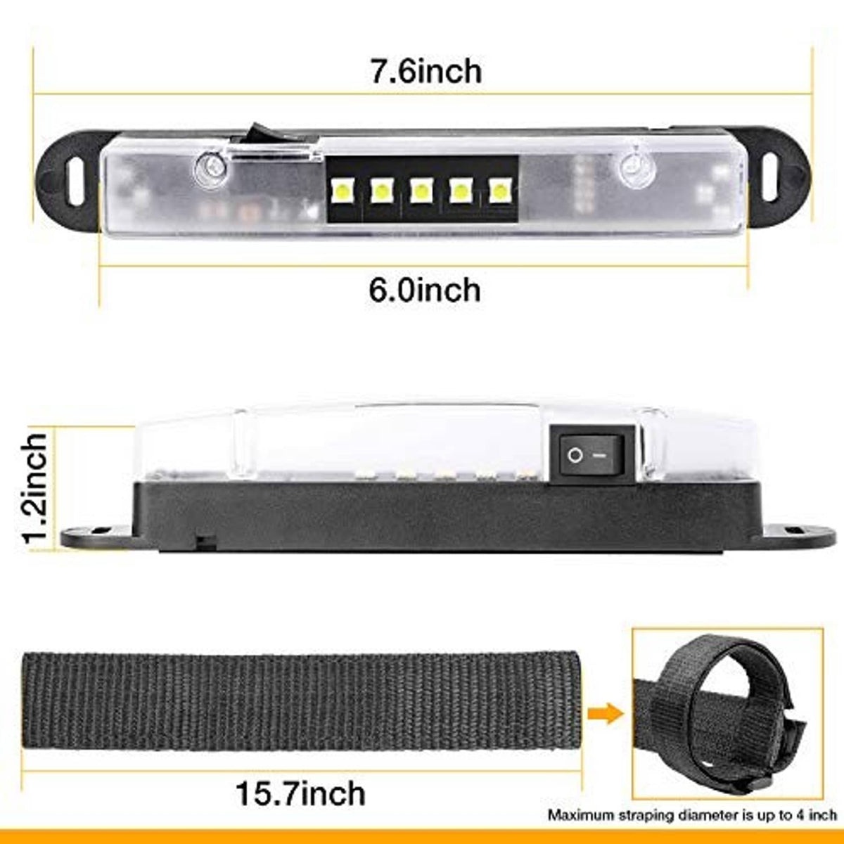 LED dome light bar with clear lens, end clips, and black mounting strap