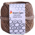 Organic hemp wick spool with printed label on brown coiled wick, 200 ft