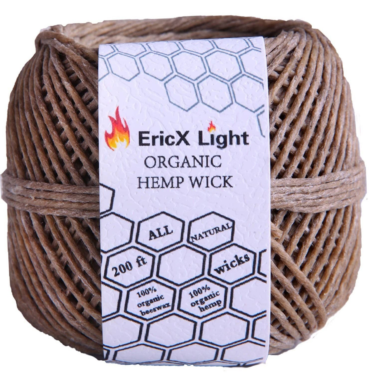 Organic hemp wick spool with printed label on brown coiled wick, 200 ft