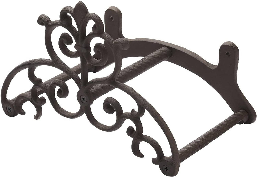 Dark cast metal wall hose hanger with raised scrollwork and curved top support arm.