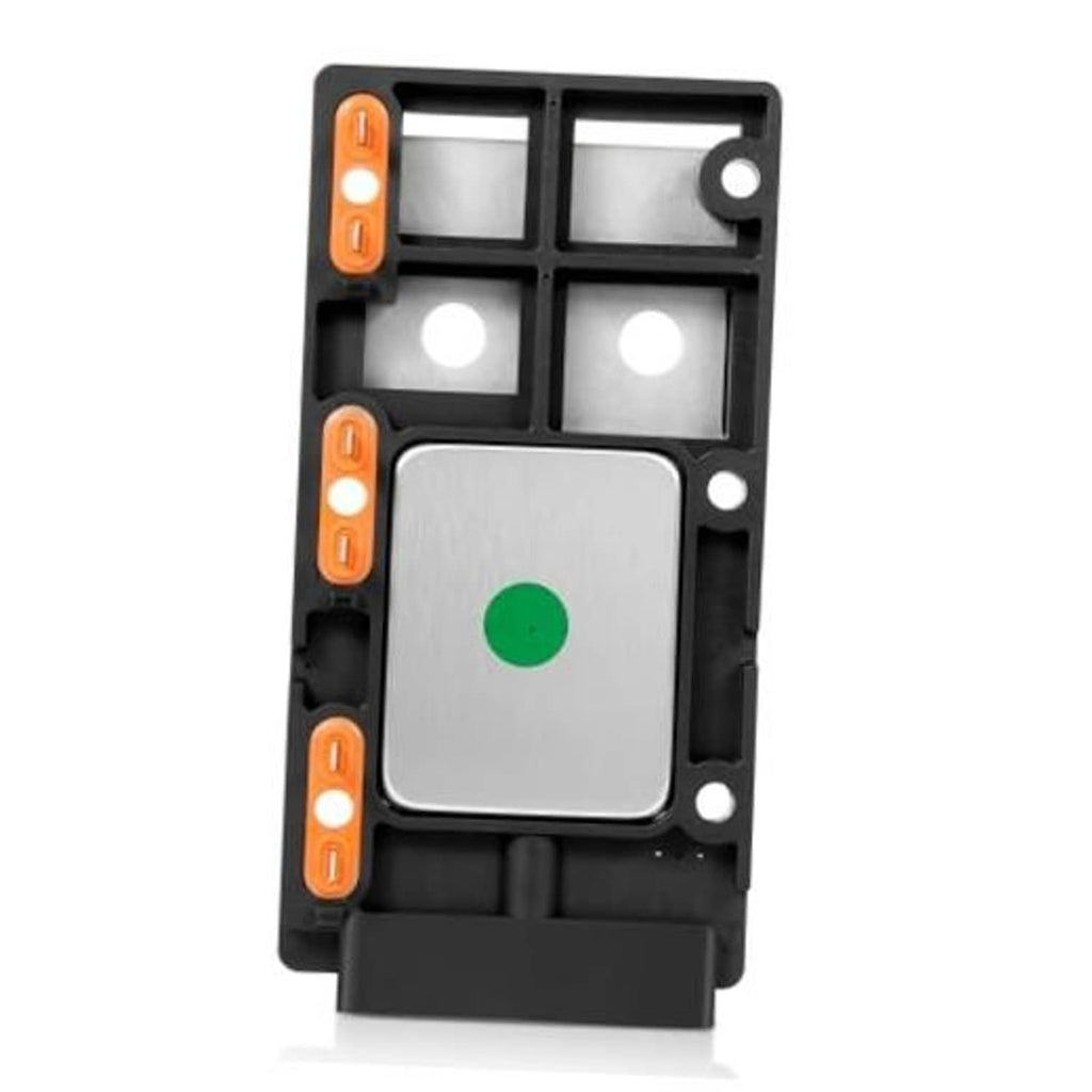 Ignition control module housing with light gray plate, green dot, and orange connectors