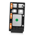 Ignition control module housing with light gray plate, green dot, and orange connectors