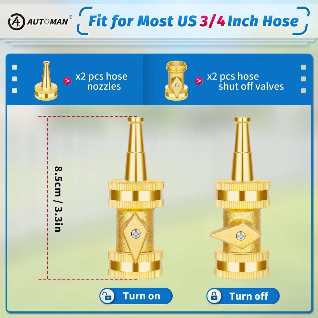 Two gold brass hose nozzles with shut-off valves for 3/4-inch hose connection