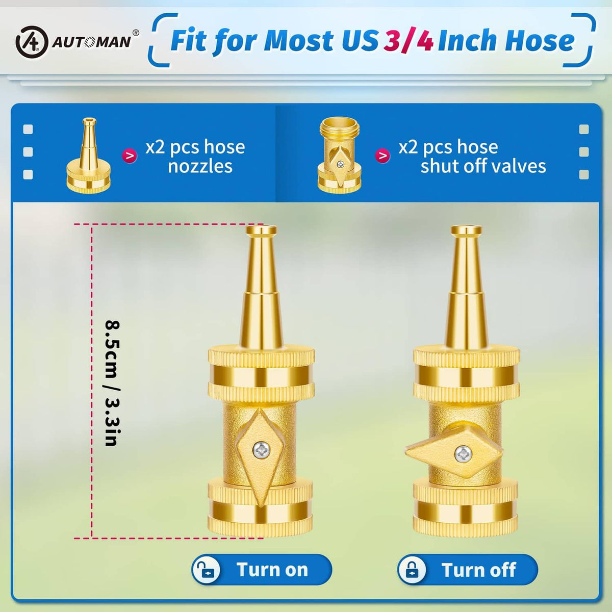 Two gold brass hose nozzles with shut-off valves for 3/4-inch hose connection