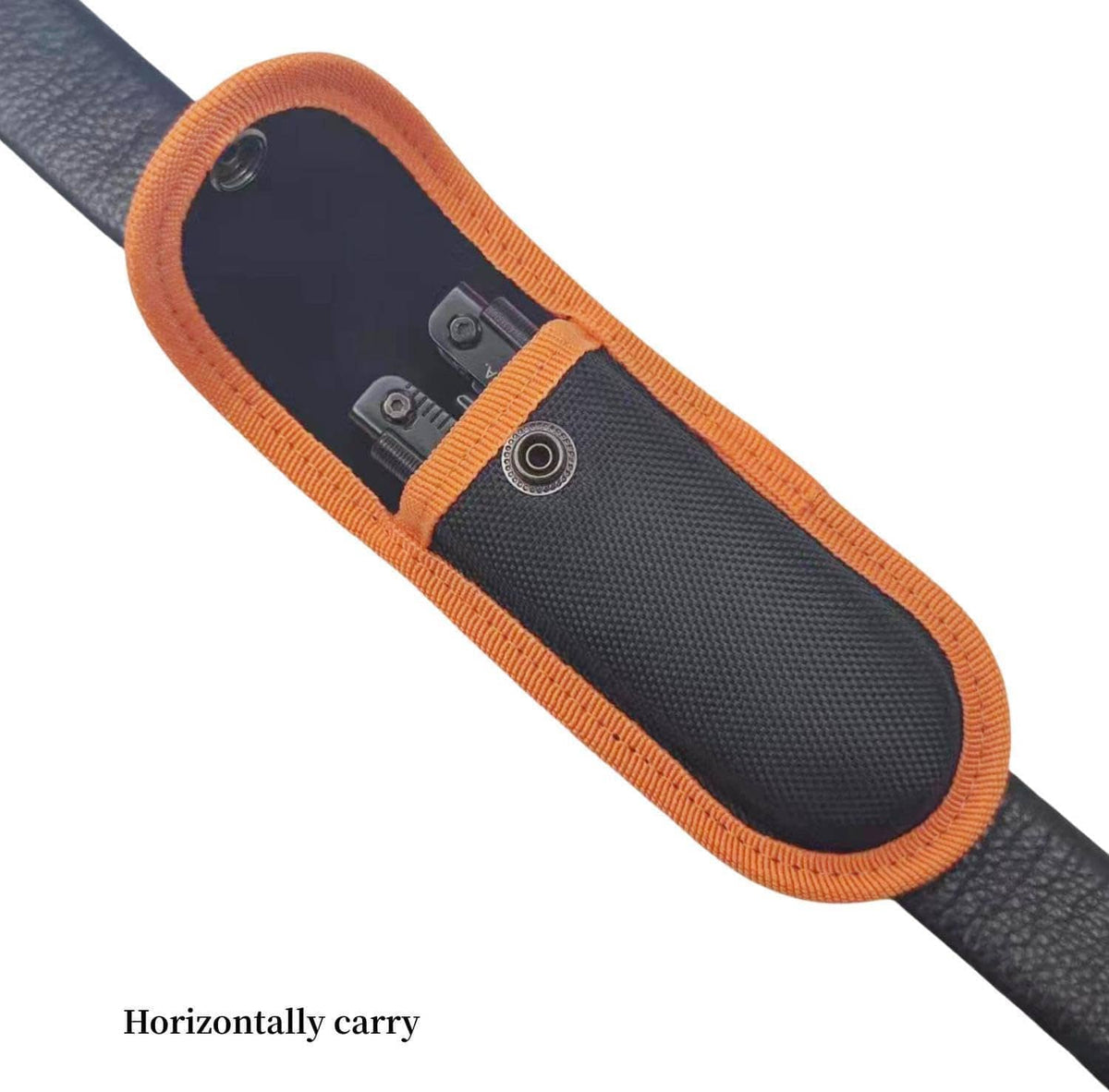 Nylon knife sheath with orange trim, showing multitool tools inside
