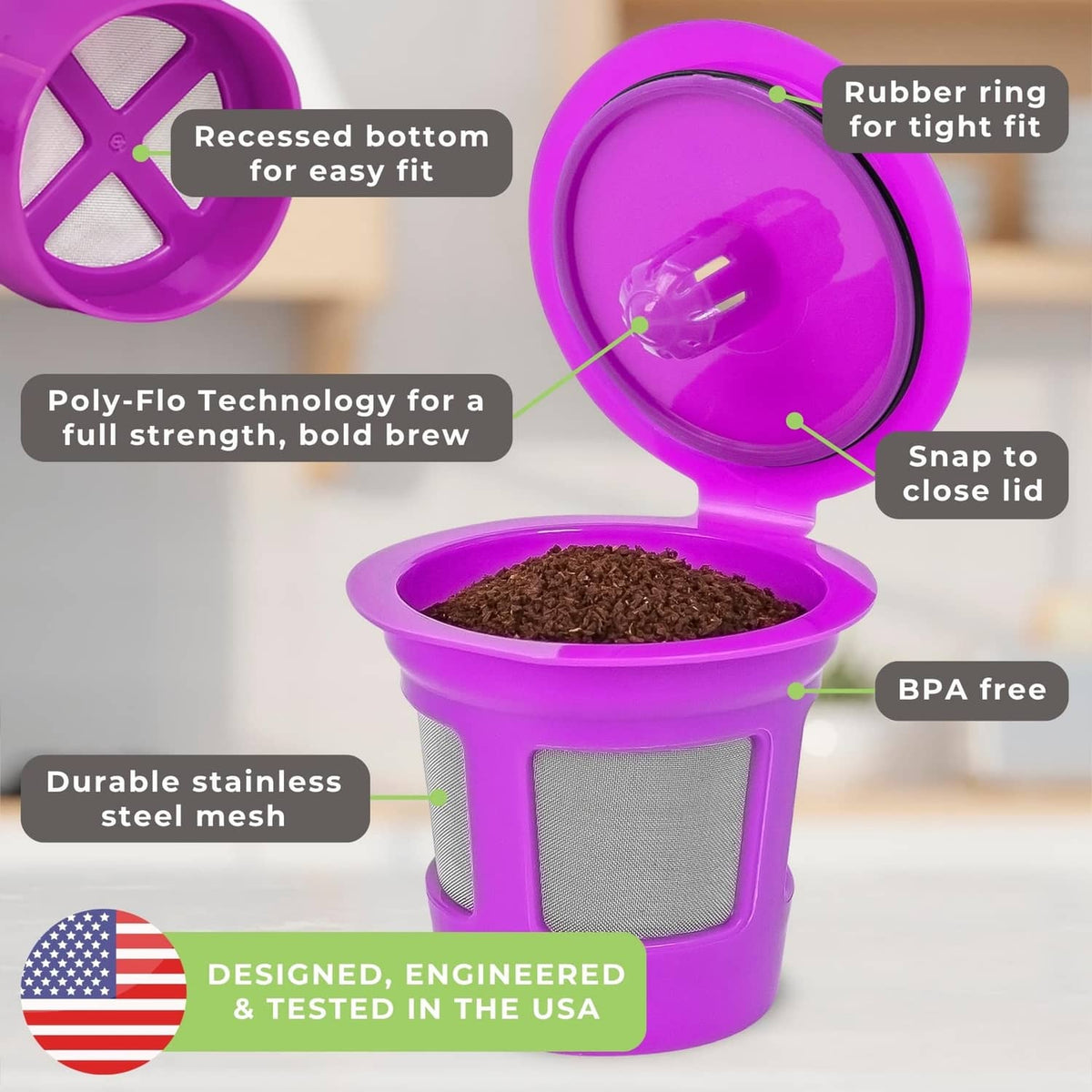 Purple reusable K-cup pod with snap lid and stainless mesh filter