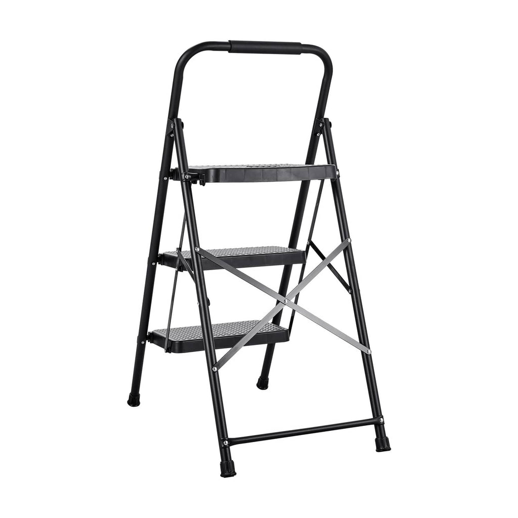 3-step folding steel ladder with wide non-slip steps and top handgrip, black