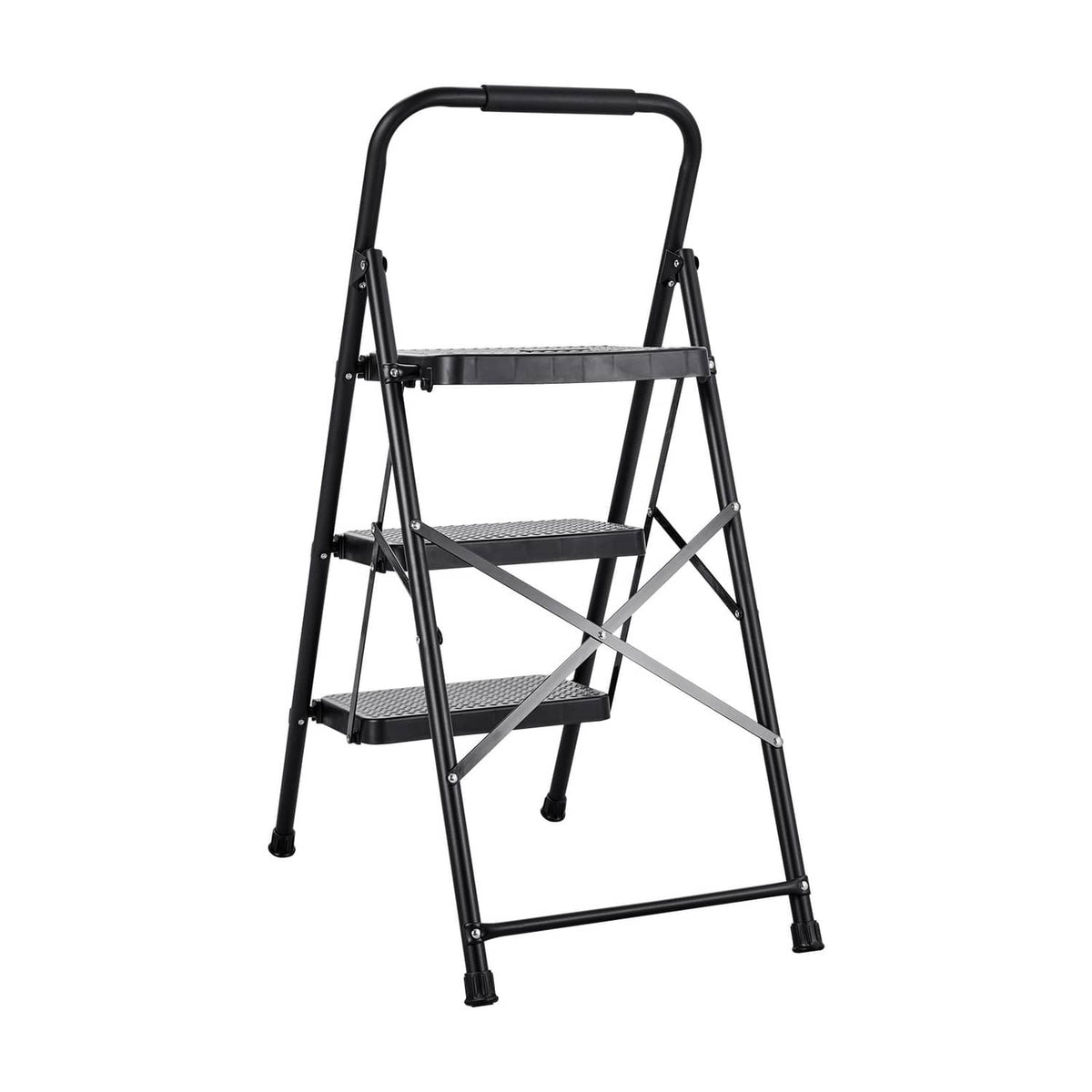3-step folding steel ladder with wide non-slip steps and top handgrip, black