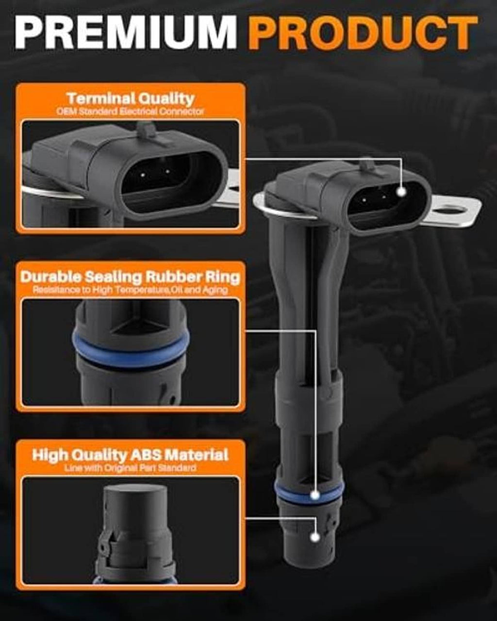 Camshaft position sensor with feature callouts showing connector and sealing ring