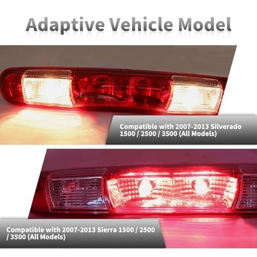 Red third brake light with clear left and right lens sections, center red reflector