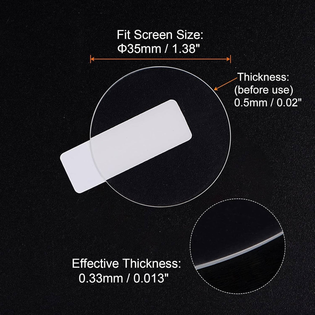 35mm tempered glass watch screen protector film with 0.5mm thickness shown