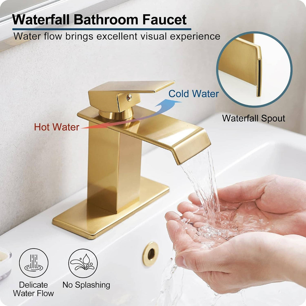 Gold single-handle bathroom faucet with waterfall spout, showing water flow and hand