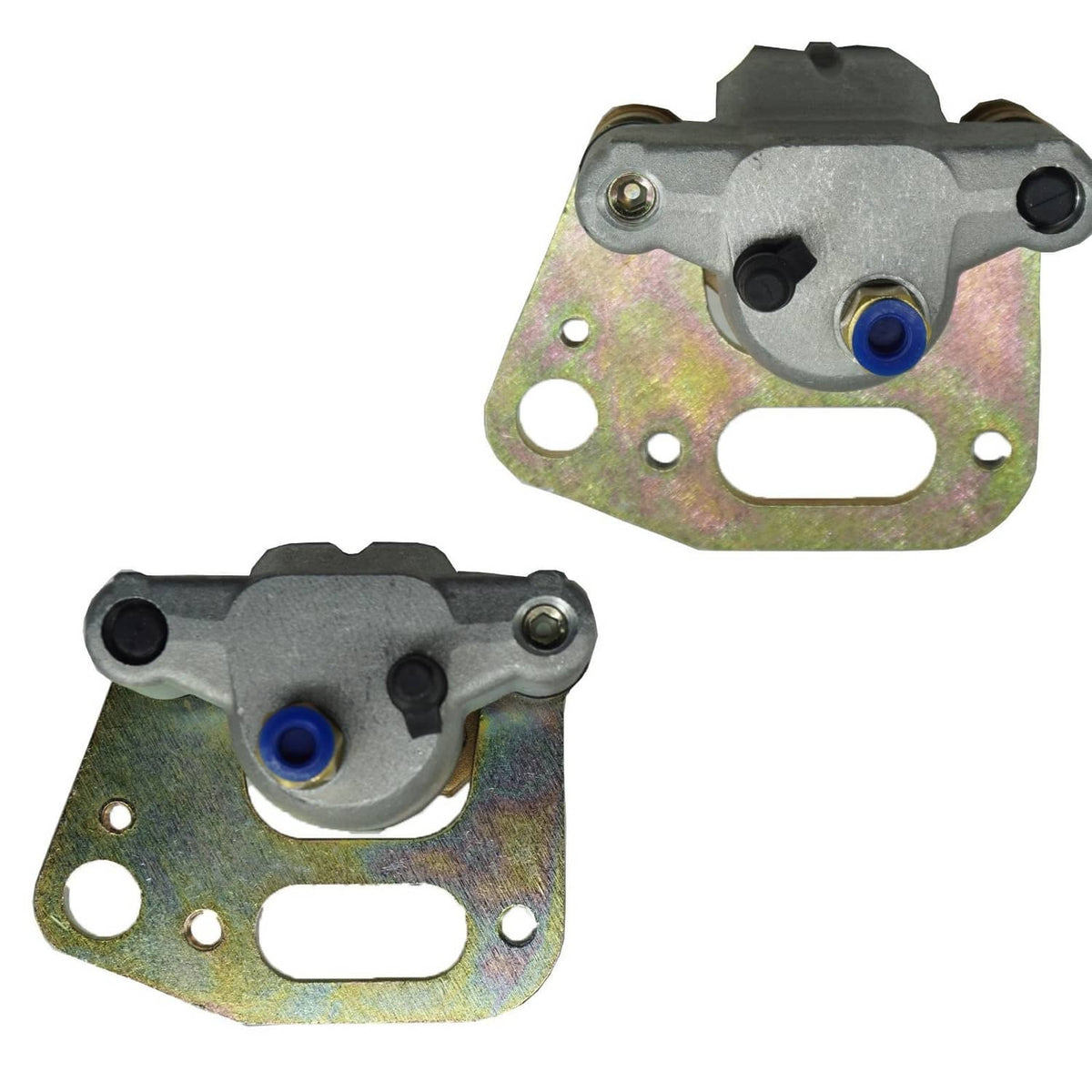 Front brake caliper with mounting bracket, blue piston seal, metal housing and bolts