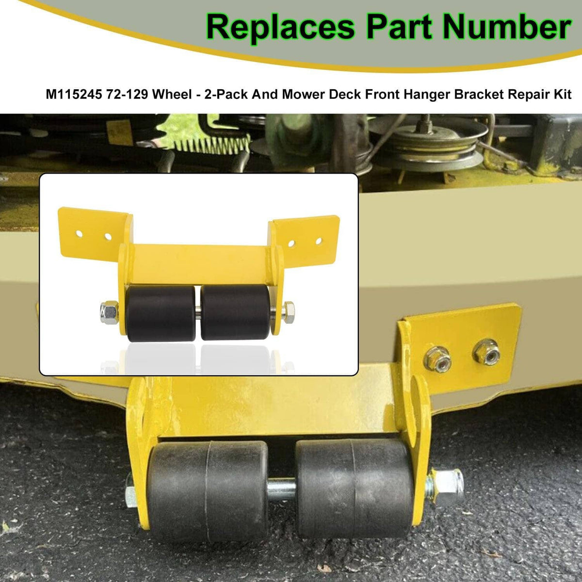 Yellow mower deck hanger bracket with two black rollers and bolt hardware