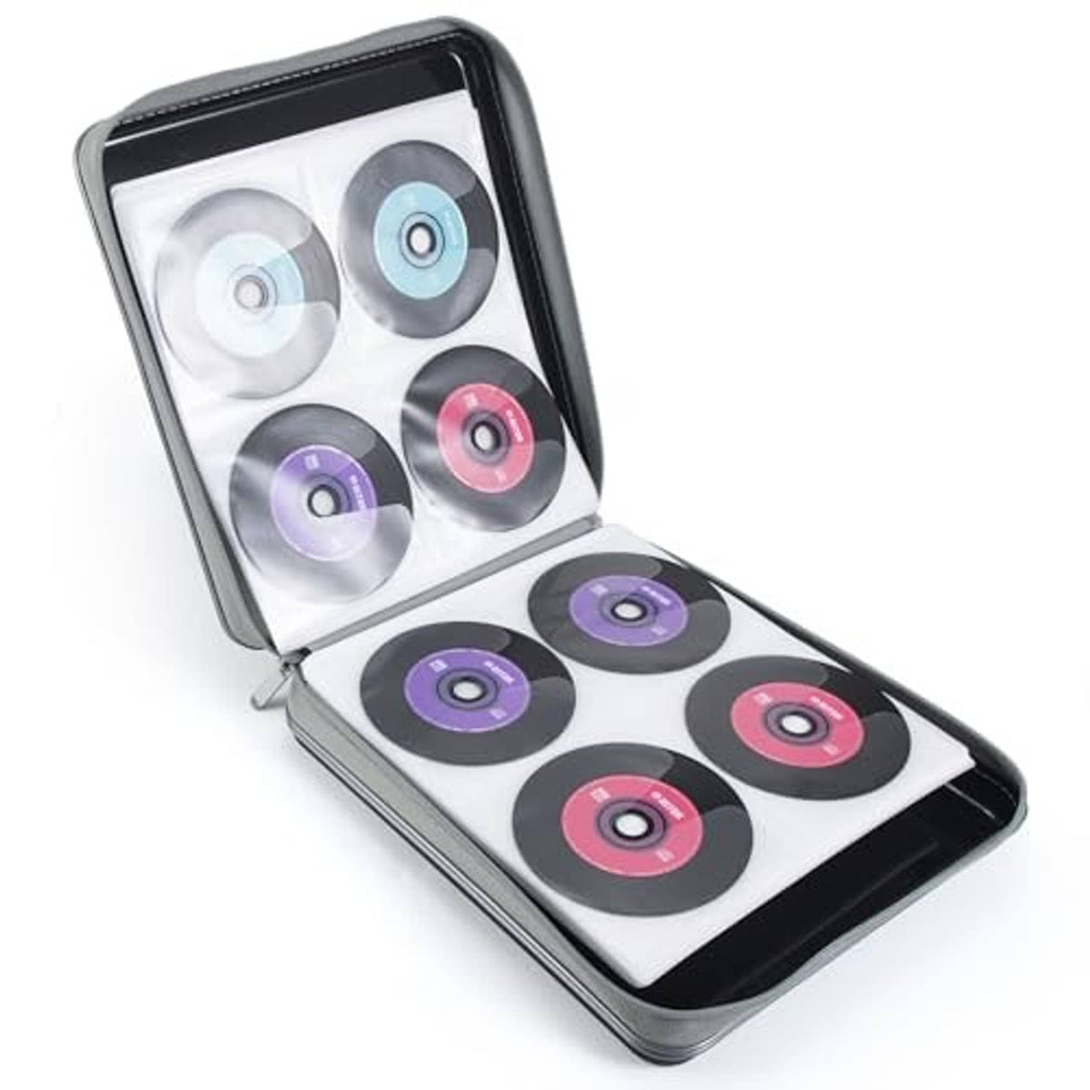 Black hard CD organizer case open with molded slots holding colorful discs
