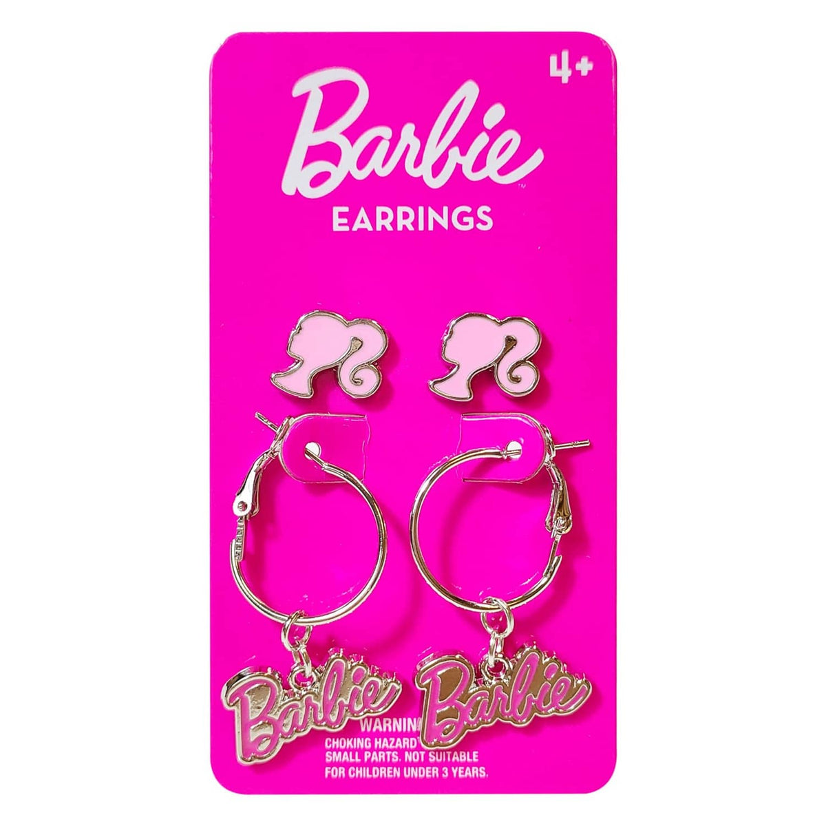 Barbie earrings card with hot pink face studs and hoop 'Barbie' charms, small