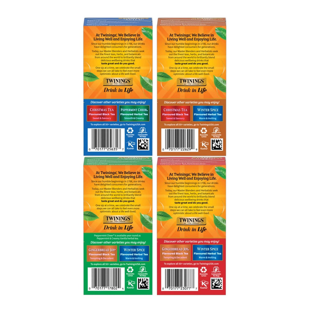 Twinings holiday tea bag carton backs with ingredient text and barcodes, four-pack layout