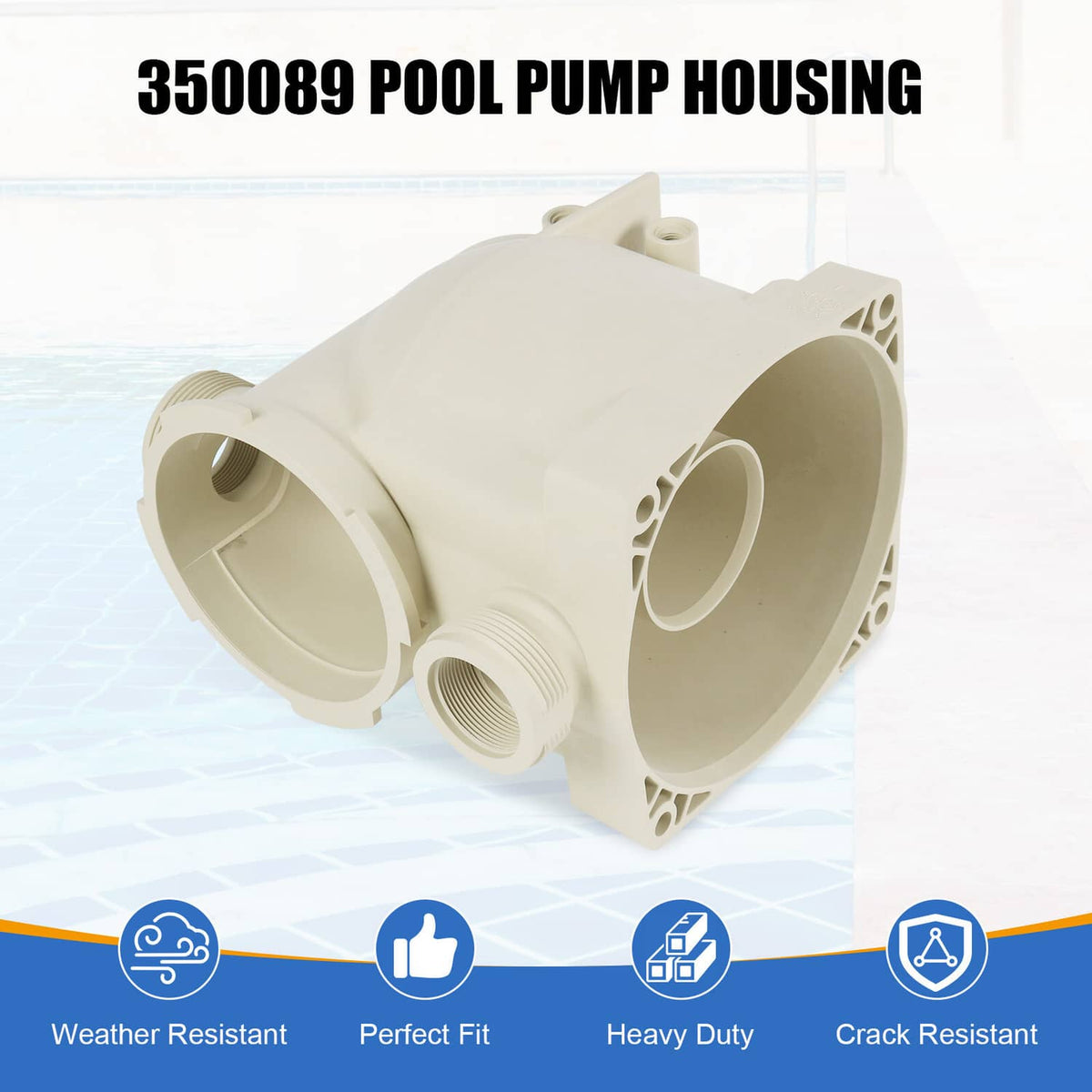 Pool pump housing with circular openings and threaded inlet/outlet, cream-white plastic