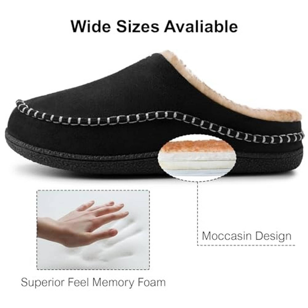 Black slip-on loafers with tan inner lining, rounded moccasin toe, and stitched edge.