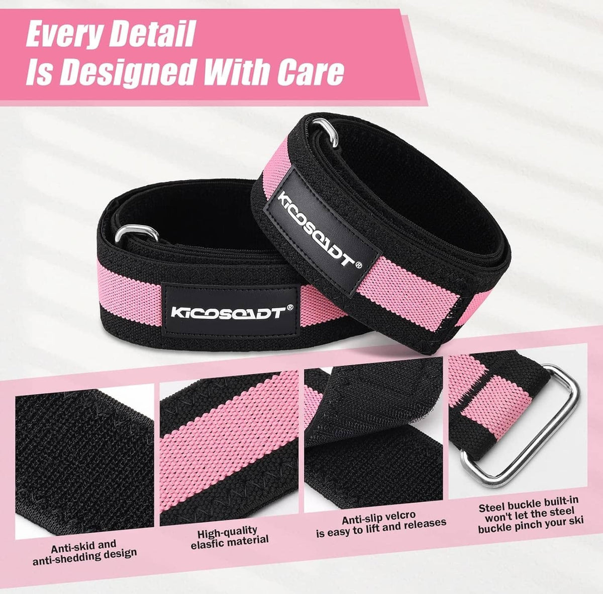 Black and pink booty bands with anti-slip backing and metal buckle detail