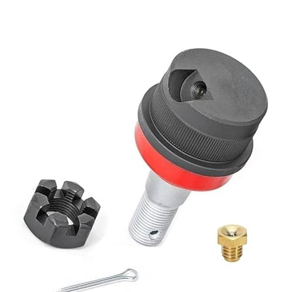 Greasable ball joint with red-and-black dust boot, silver stud and included hardware