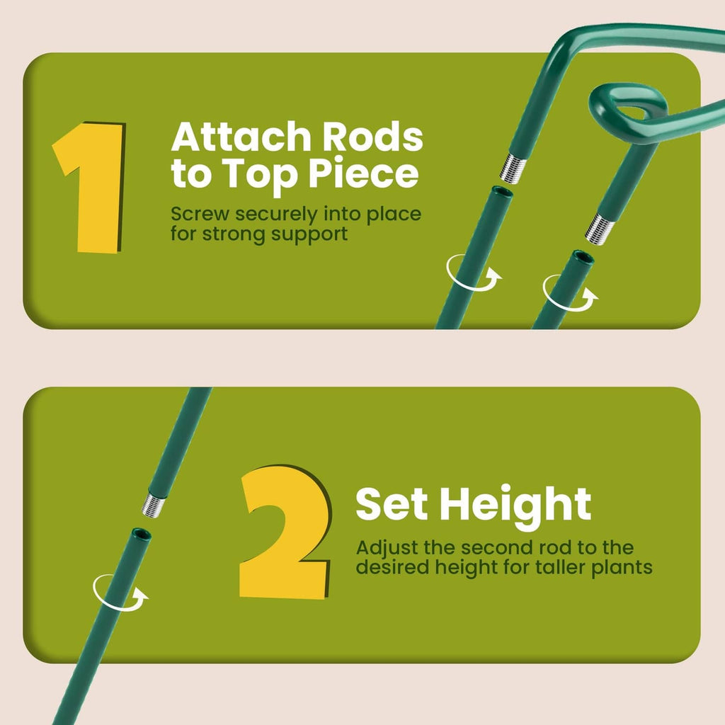 Green plant support rods with blue top connectors and height-adjustment pins
