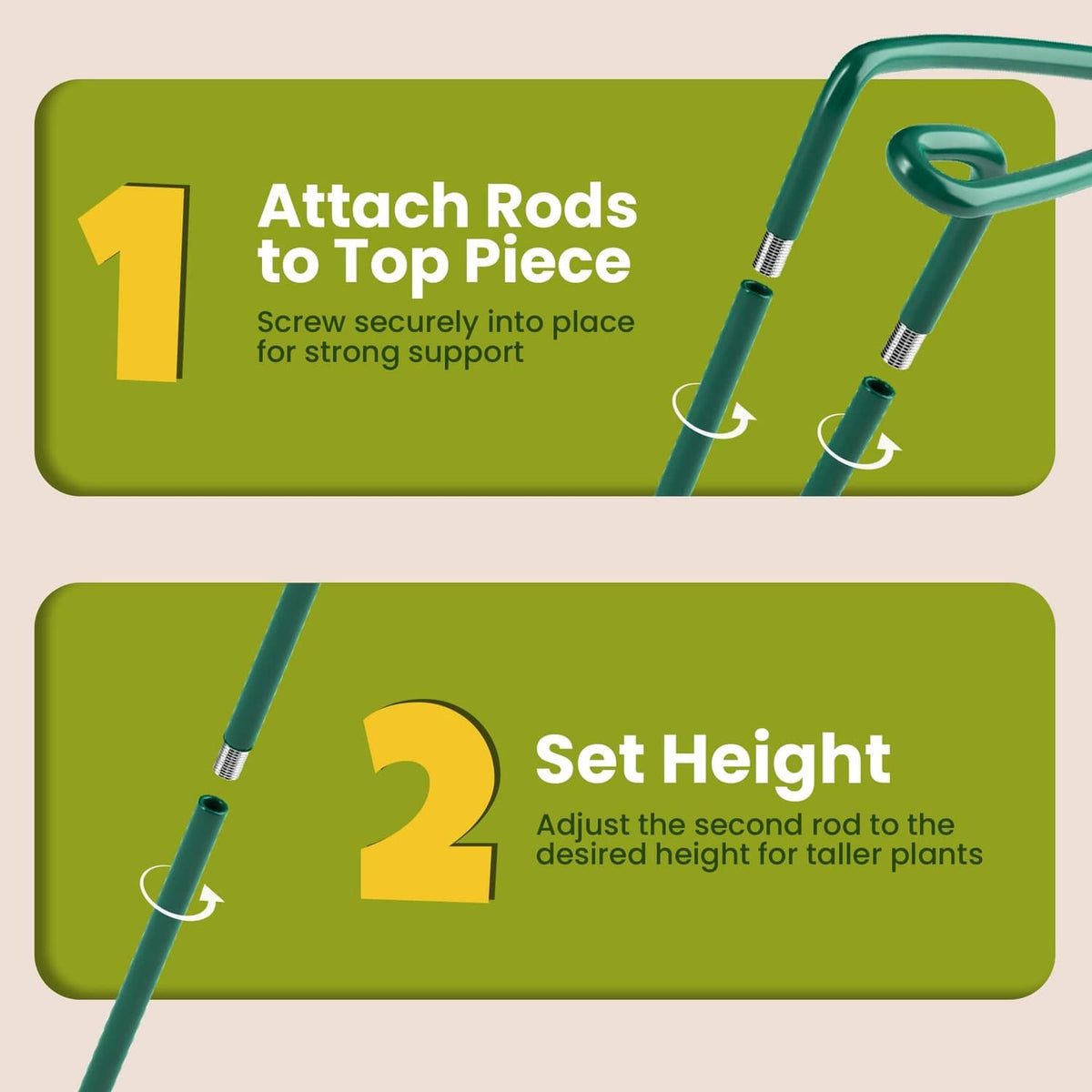 Green plant support rods with blue top connectors and height-adjustment pins