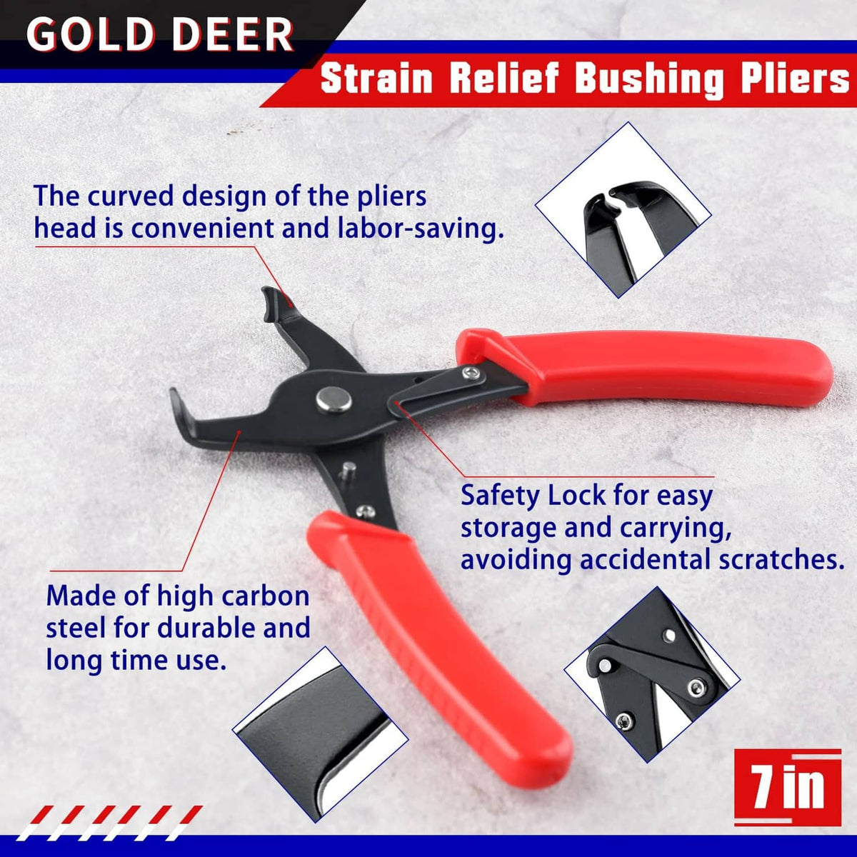 Strain relief bushing pliers with black curved head and red grip handles for wire bushing