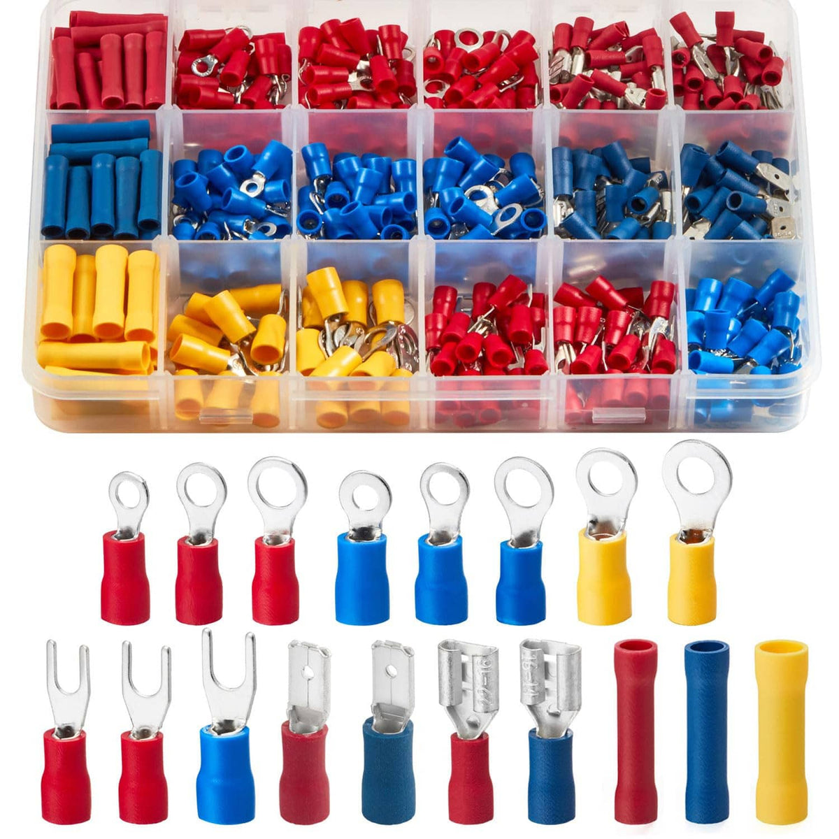 Insulated crimp wire terminal assortment in a divided organizer, red blue yellow ring terminals