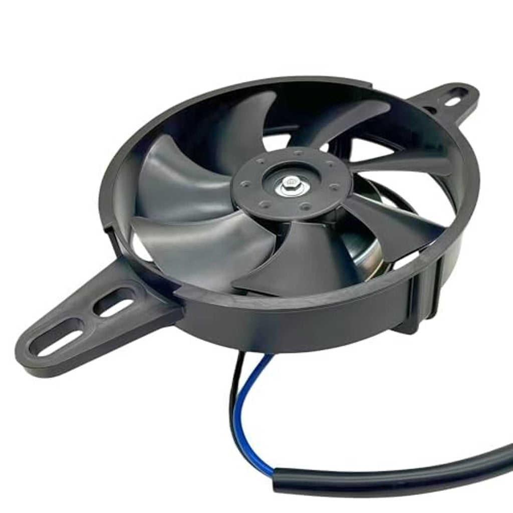 Black 12V DC radiator cooling fan with curved shroud, mounting bracket, blue wire.
