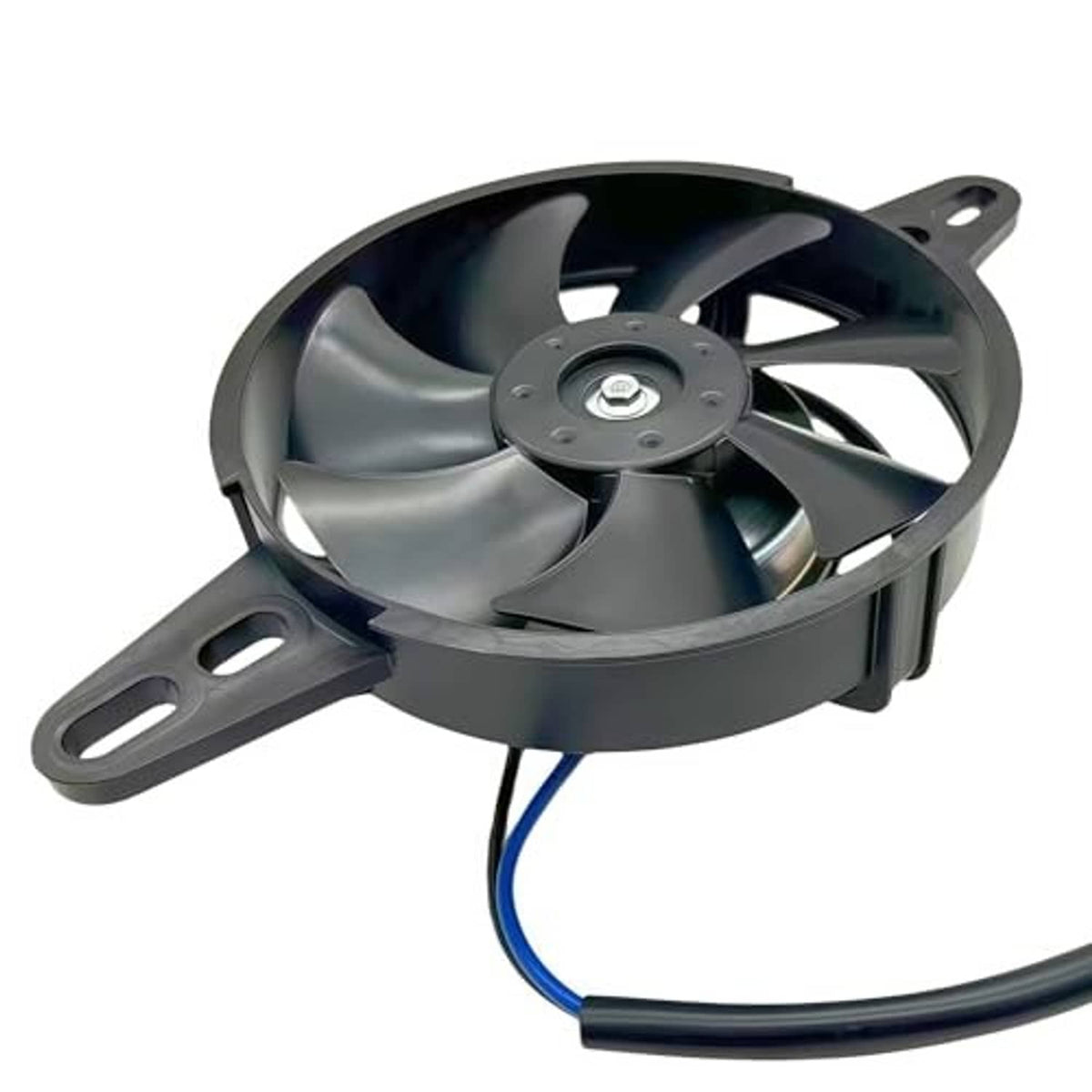 Black 12V DC radiator cooling fan with curved shroud, mounting bracket, blue wire.