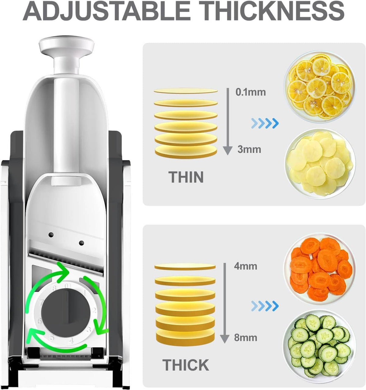 Adjustable mandoline slicer showing thin-to-thick cutting thickness dial
