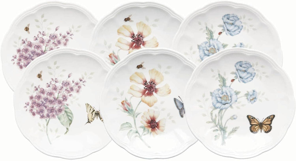 6-piece tidbit plate set with butterfly and floral design on white round scalloped plates