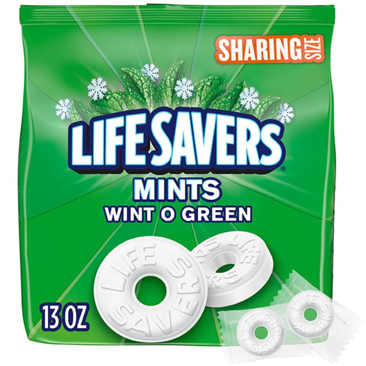 Green hard candy mint sharing-size bag with round mint pieces and 13 oz shown