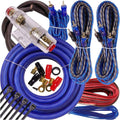 4-gauge amplifier wiring kit with blue and red/black cables and RCA connectors