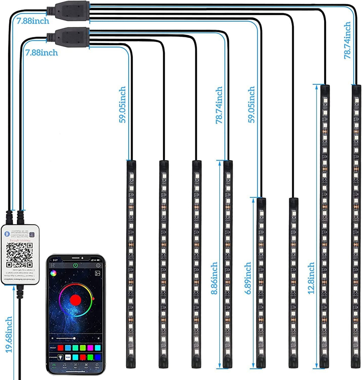 Motorcycle LED light kit with 12 RGB strip bars, power splitter, and controller.