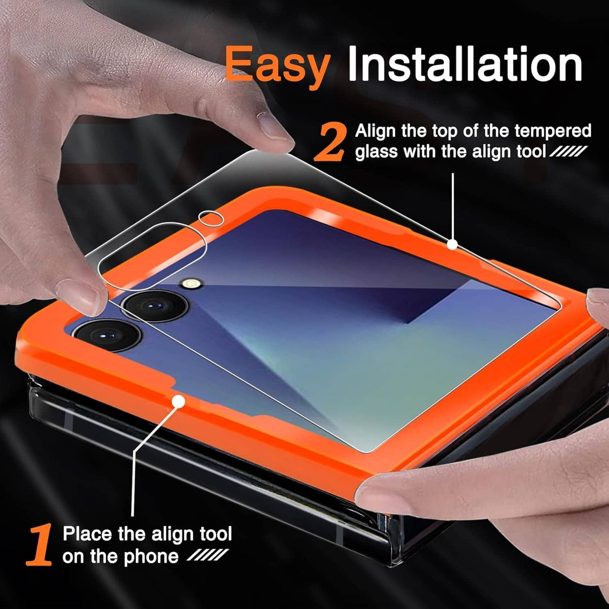 Auto-install tempered glass screen protector with alignment tool and orange frame