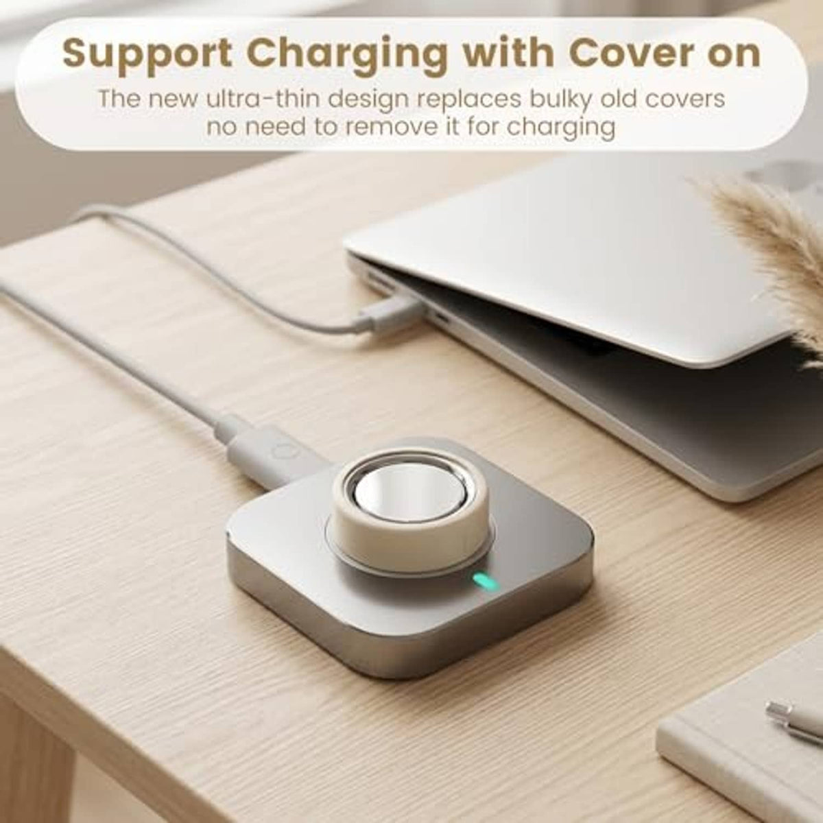 Ring cover installed on charging dock; ultra-thin design for charging in place