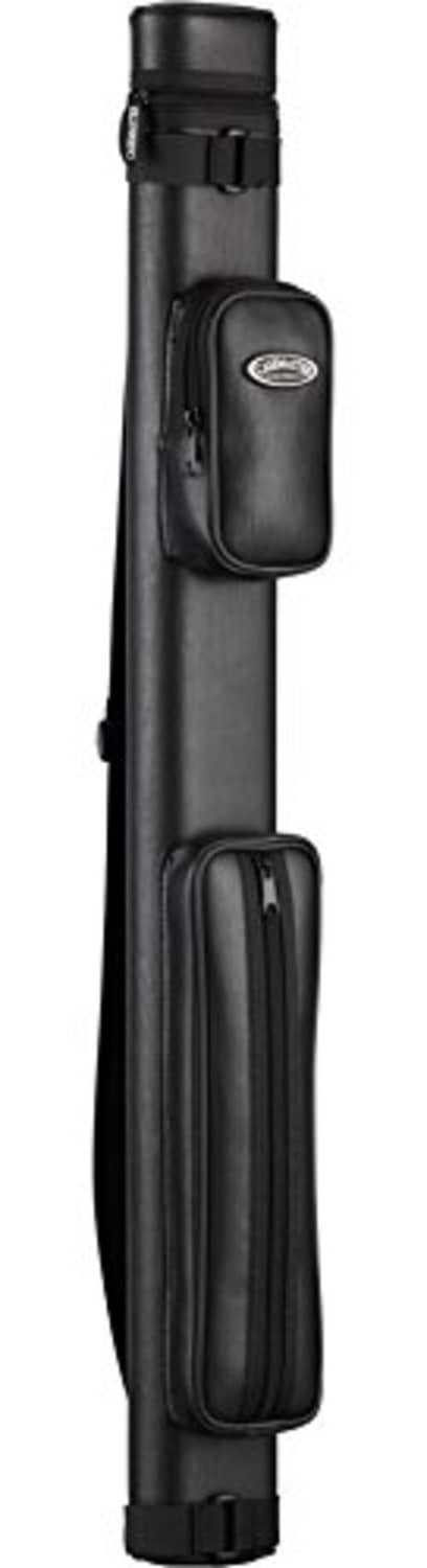 Black hard billiard cue case with zippered interior accessory compartment