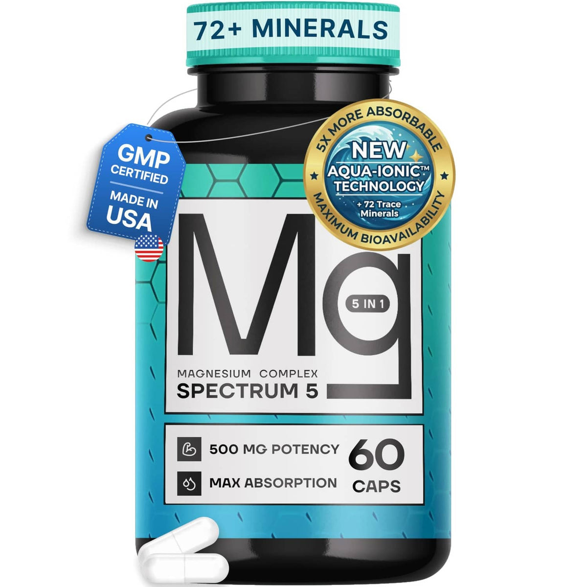 Magnesium supplement bottle with teal 5-in-1 label, black cap, 60 capsules