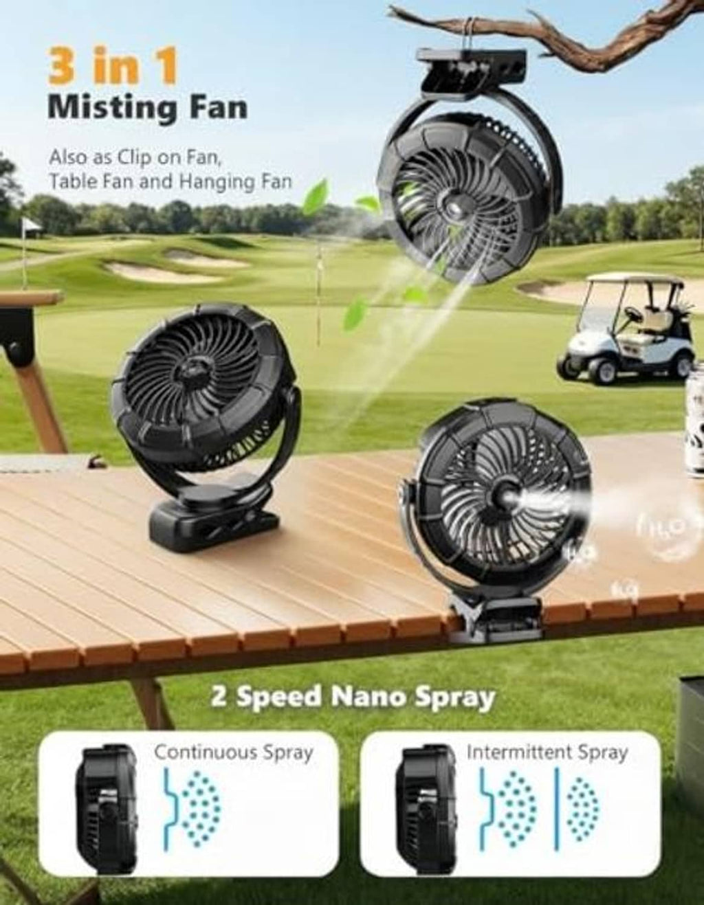 Black 3-in-1 clip-on misting fan with continuous and intermittent spray output