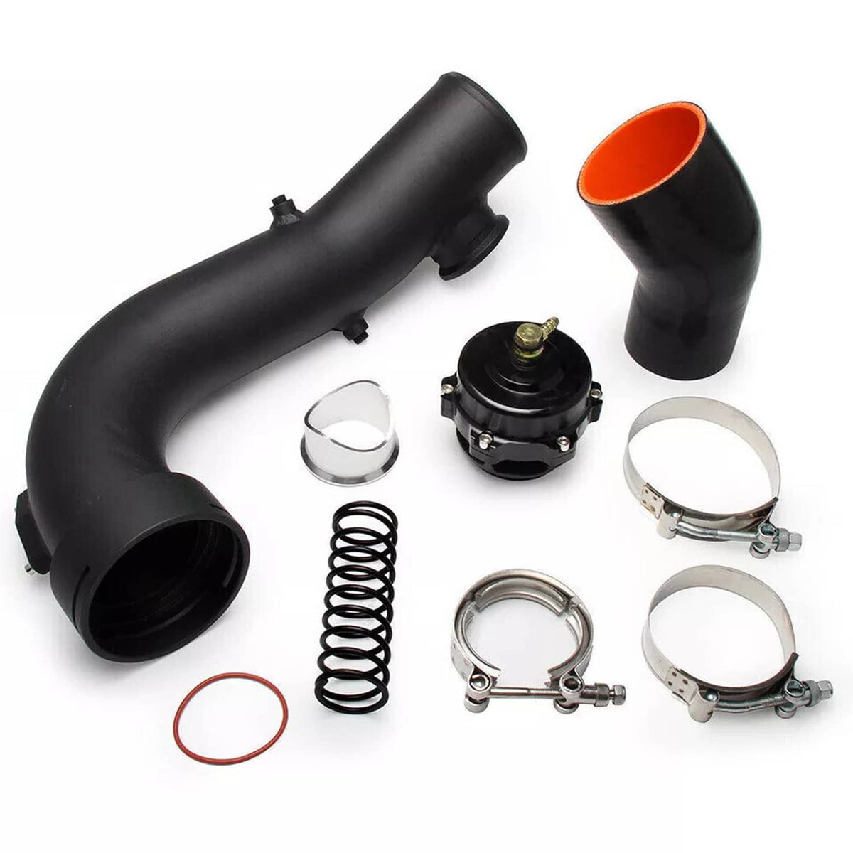 Turbo intake pipe kit components: hoses, spring, clamps, and valve assembly