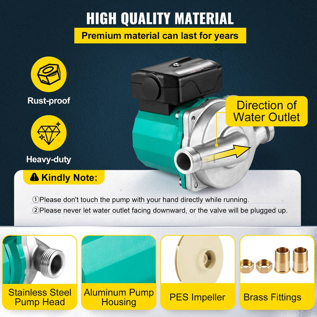 Hot water circulation pump with teal housing, silver outlet, and black control box