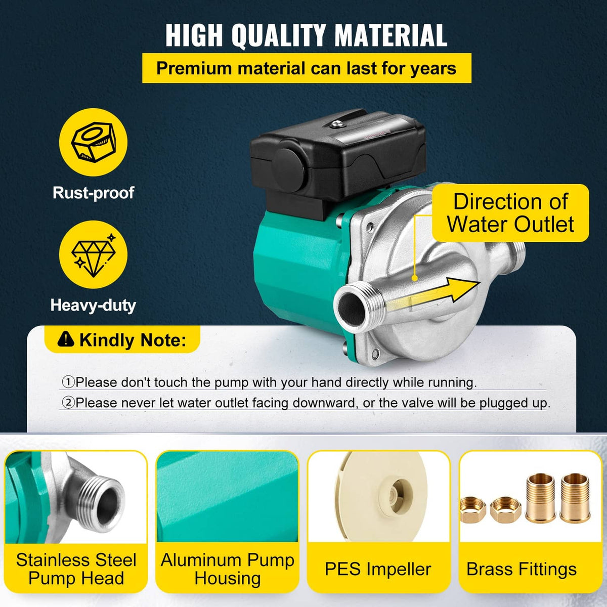 Hot water circulation pump with teal housing, silver outlet, and black control box