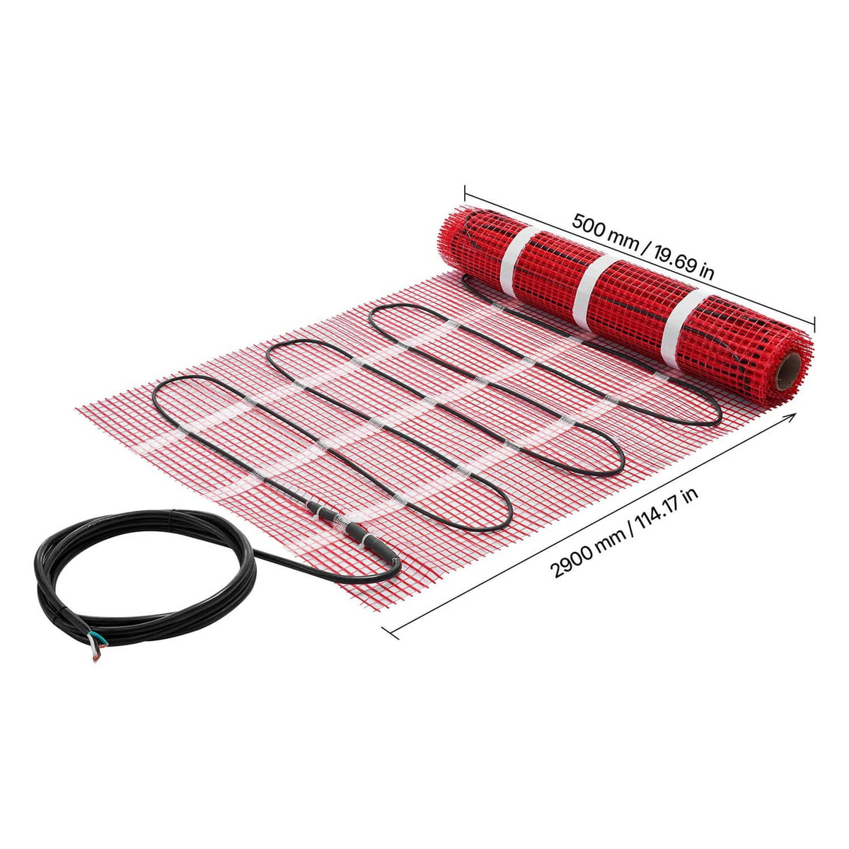 Red mesh floor heating mat panel with black power cable and heating wire grid