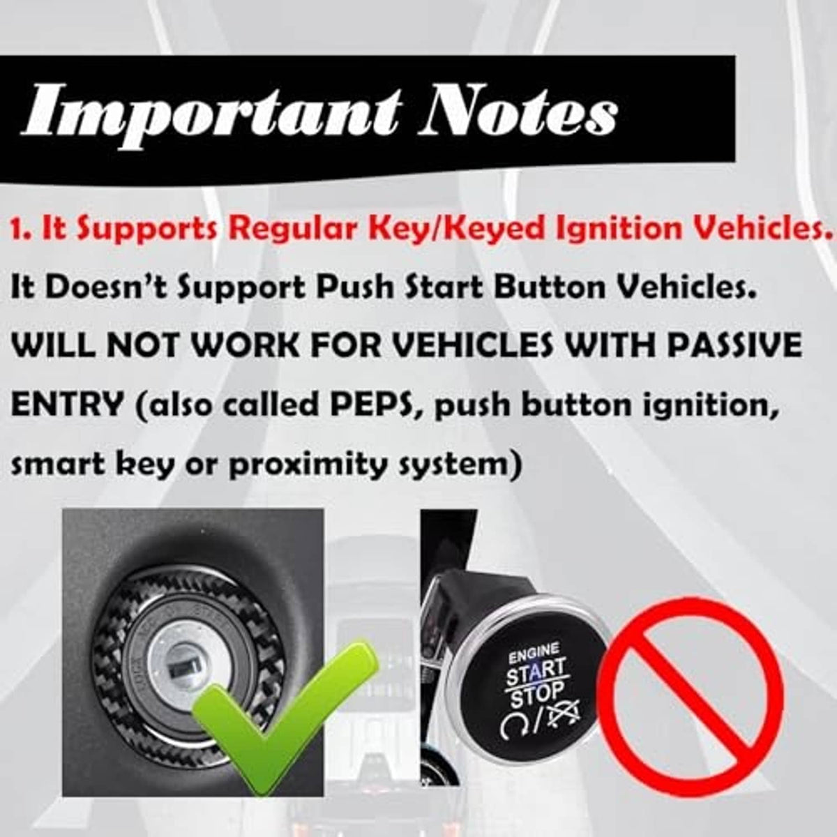 Key fob important notes: works with regular key ignition, not push-start vehicles